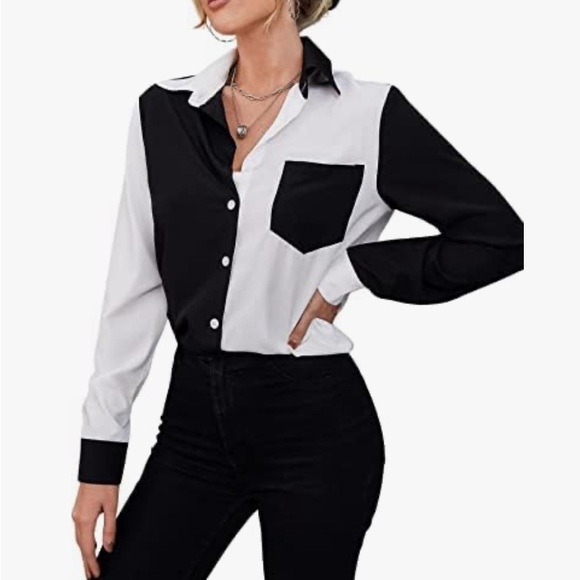 🌟Chic black and white color blocked button-down men’s wear inspired shirt! 🌟 - Picture 5 of 5